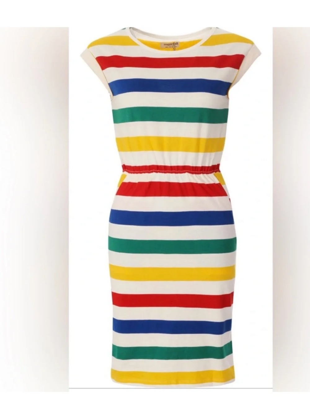 Sugarhill Brighton Bold Rainbow Stripe Dress NWT US 14 Organic Cotton Pockets